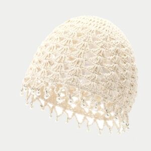 Crochet Beanie Faux Pearl Tassels - Cream